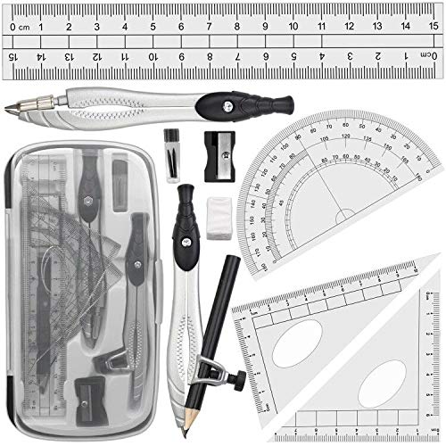 Akuoly Professional Geometry Compass Set, Starter Compass Set Includes 2 Drafting Compasses, Protractor, 2 Set Squares, Ruler in Storage Box, Back-to-School Math Supplies for Students, Black - Image 1
